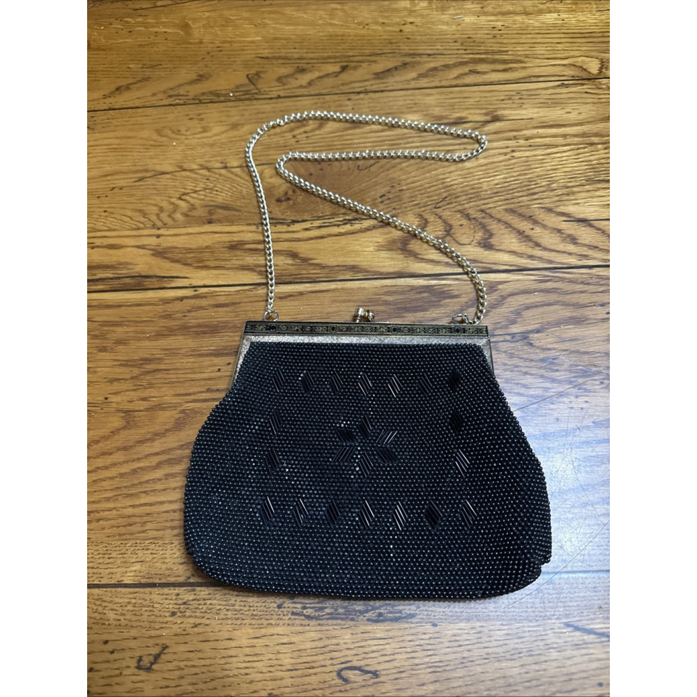Vintage Black-Beaded Clutch Purse with Chain Strap; metal kiss lock